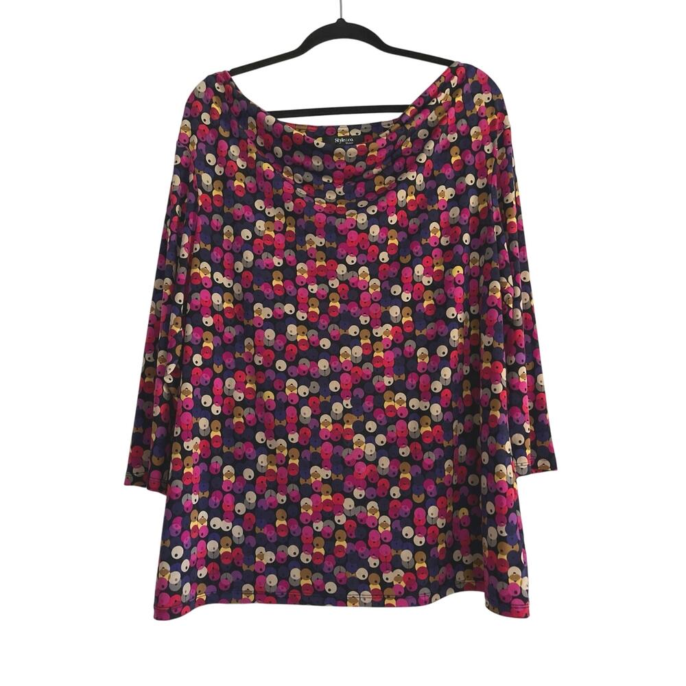 Style & Co Blouse Womens Size 1X Colorful Polka Dot Cowl Neck Stretchy Office